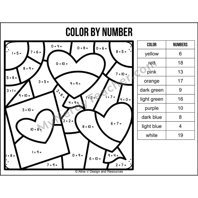 Addition Within 20 Color by Number — Valentines Day Mystery Picture 5