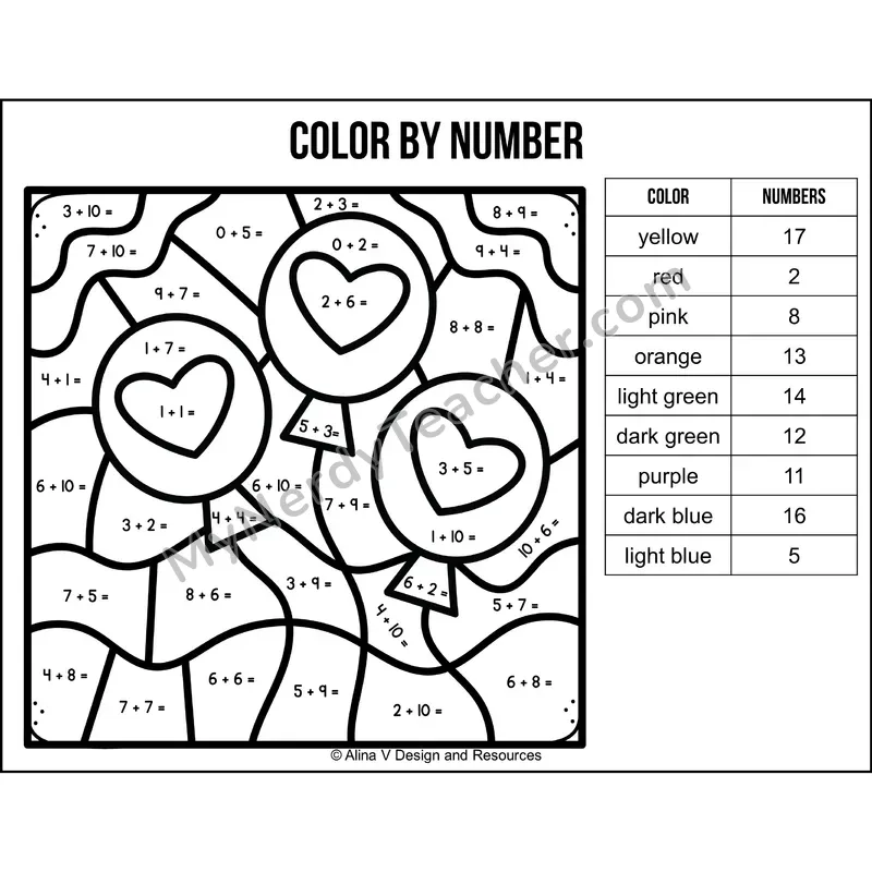 Addition Within 20 Color by Number — Valentines Day Mystery Picture 1