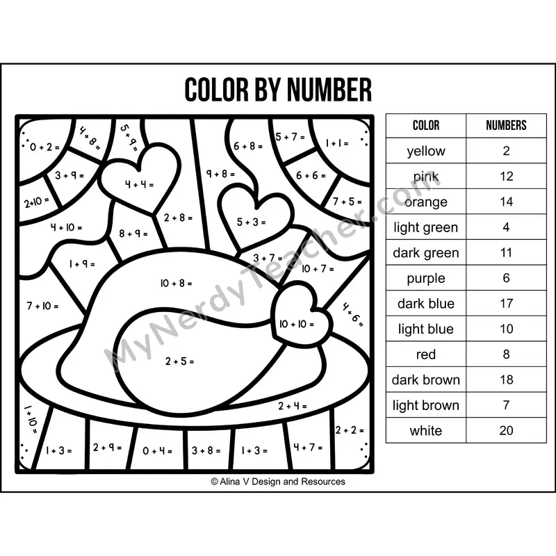 Addition Within 20 Color by Number — Thanksgiving Mystery Picture 6