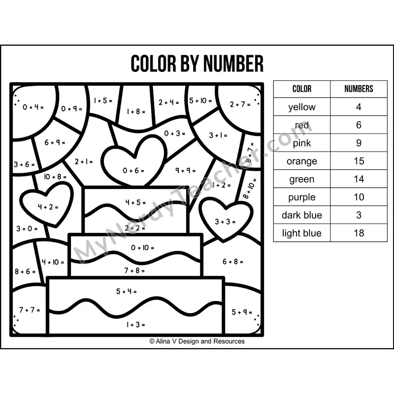 Addition Within 20 Color by Number — Valentines Day Mystery Picture 2