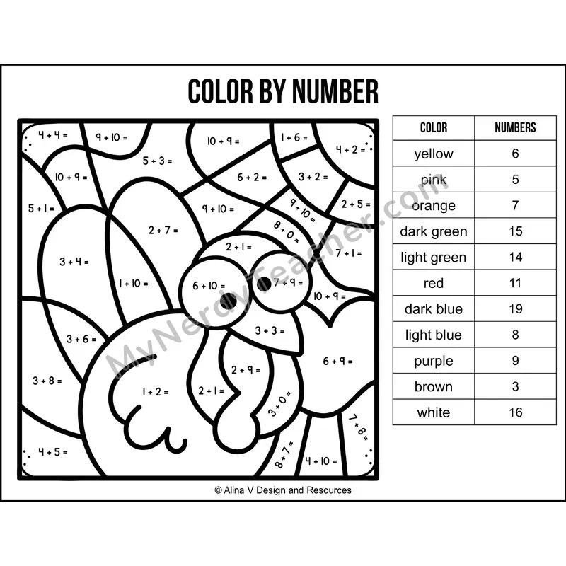 Addition Within 20 Color by Number — Thanksgiving Mystery Picture 3