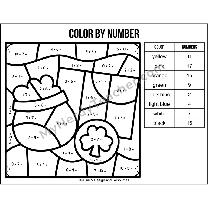 Addition Within 20 Color by Number — St. Patrick's Day Mystery Picture 5