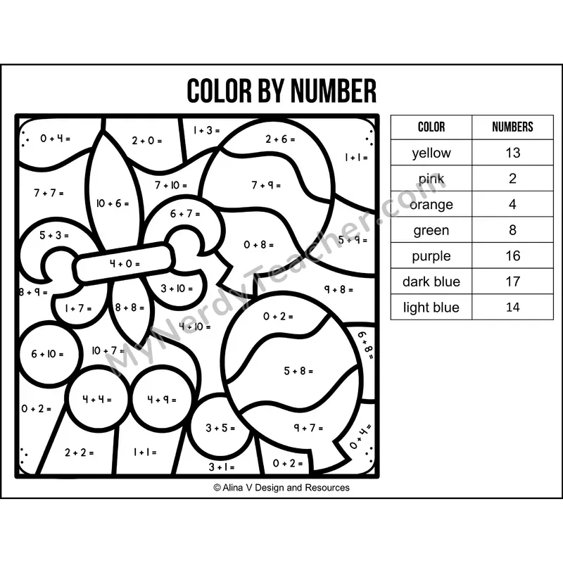 Addition Within 20 Color by Number — Mardi Gras Mystery Picture 3