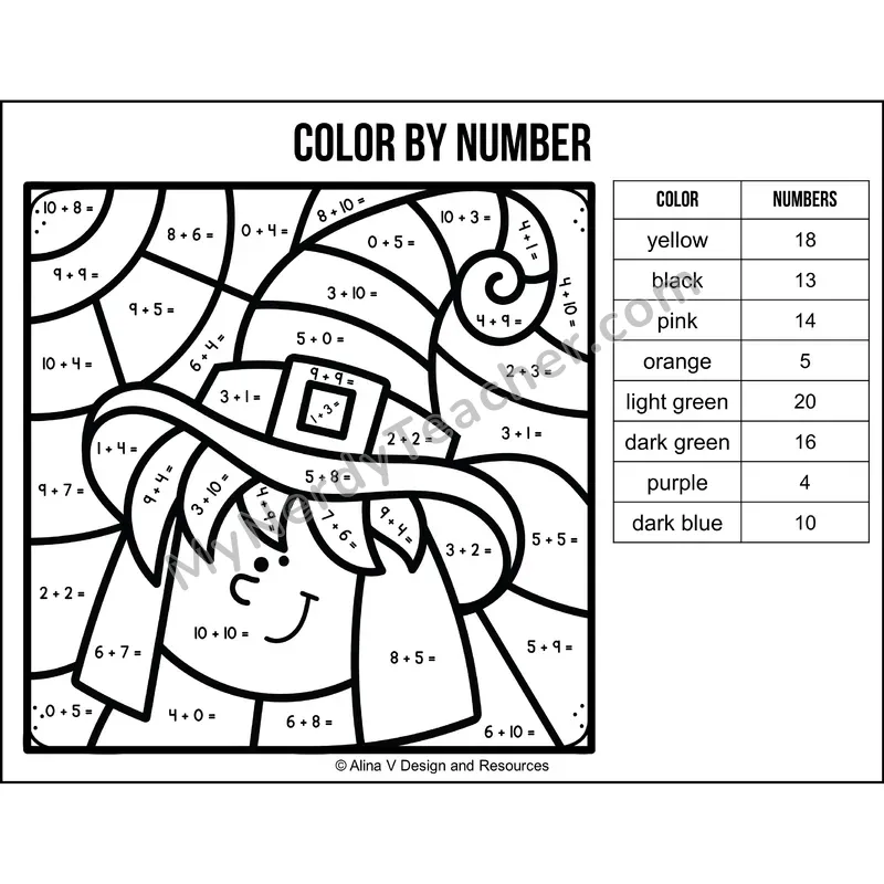 Addition Within 20 Color by Number — Halloween Mystery Picture 6