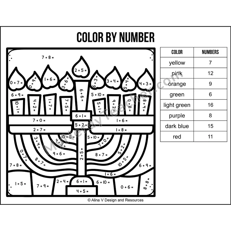 Addition Within 20 Color by Number — Hanukkah Mystery Picture 1