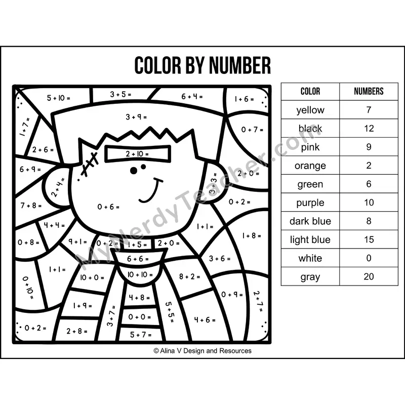 Addition Within 20 Color by Number — Halloween Mystery Picture 1
