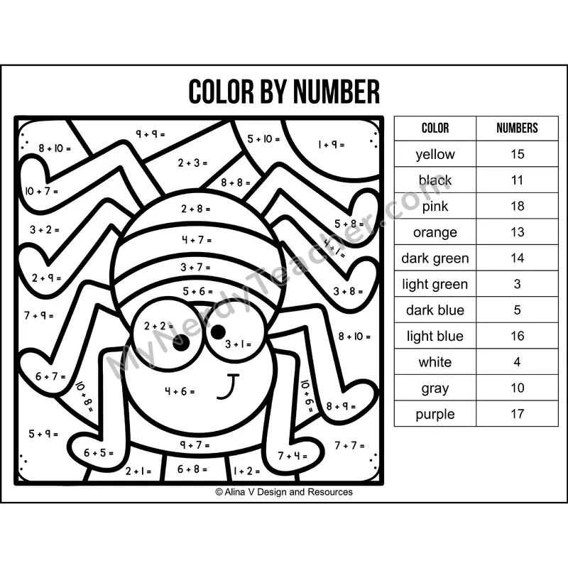 Addition Within 20 Color by Number — Halloween Mystery Picture 4