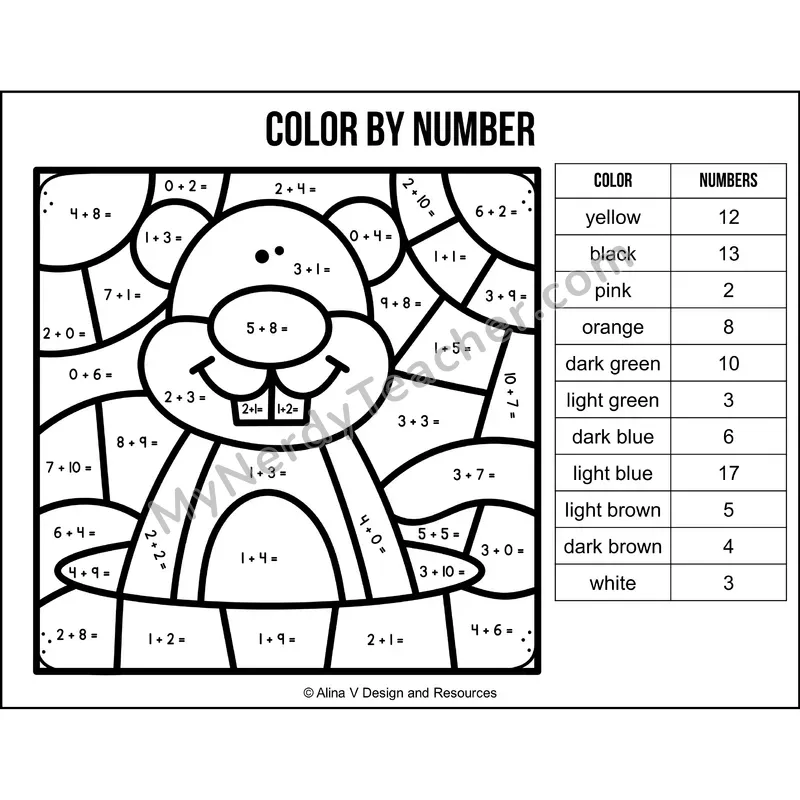 Addition Within 20 Color by Number — Groundhog Day Mystery Picture 4