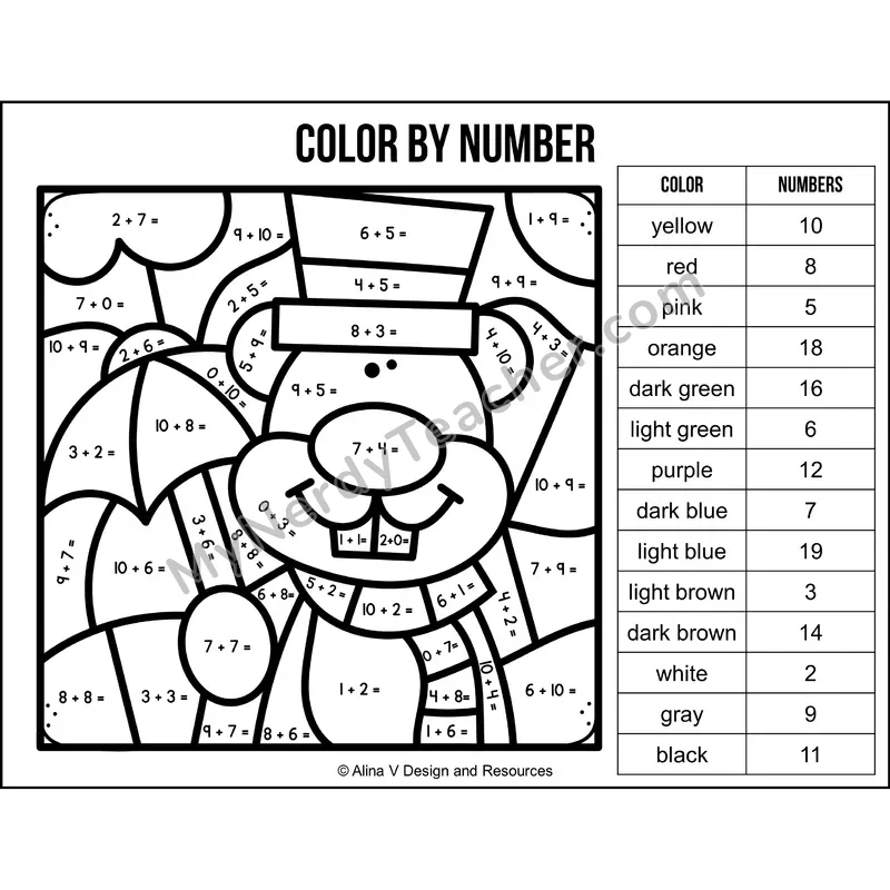 Addition Within 20 Color by Number — Groundhog Day Mystery Picture 3
