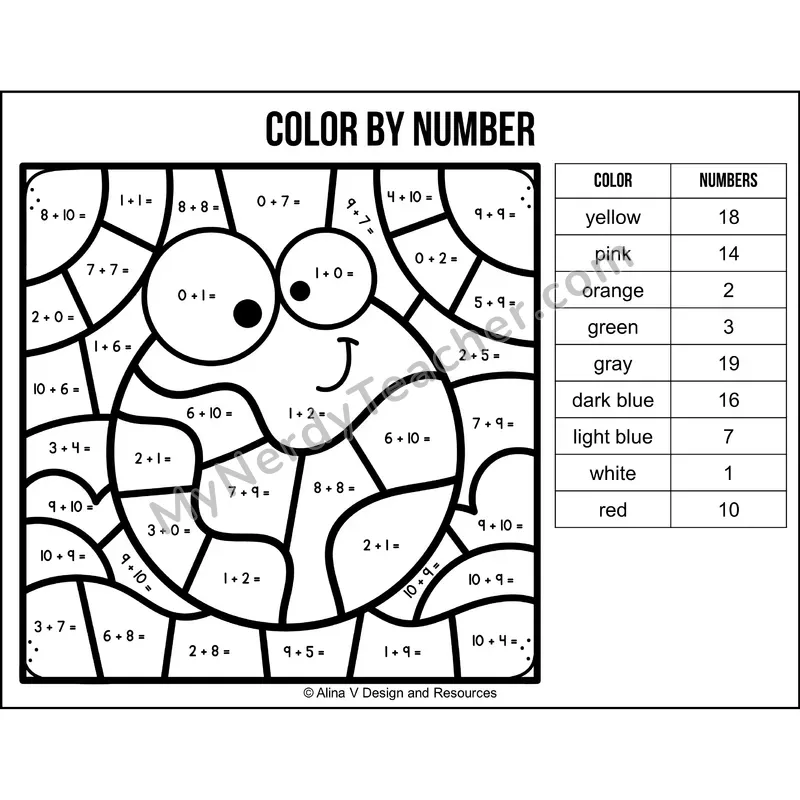Addition Within 20 Color by Number — Earth Day Mystery Picture 1