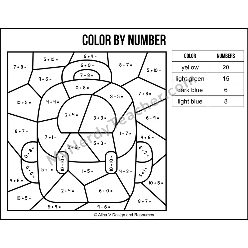 Addition Within 20 Color by Number — Back to School Mystery Picture 1