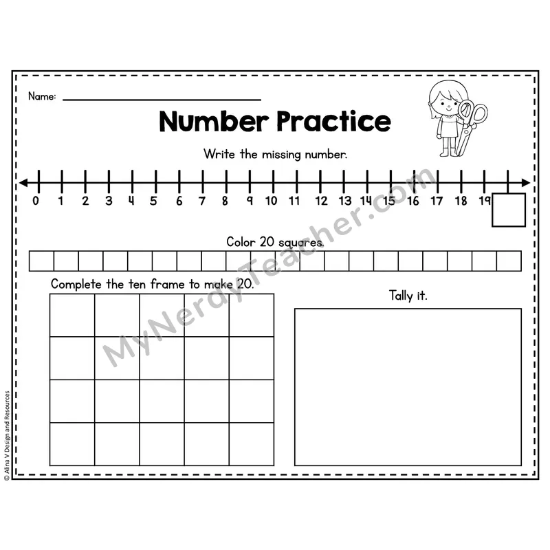 Number 20 Worksheet — Number Practice with Ten Frames