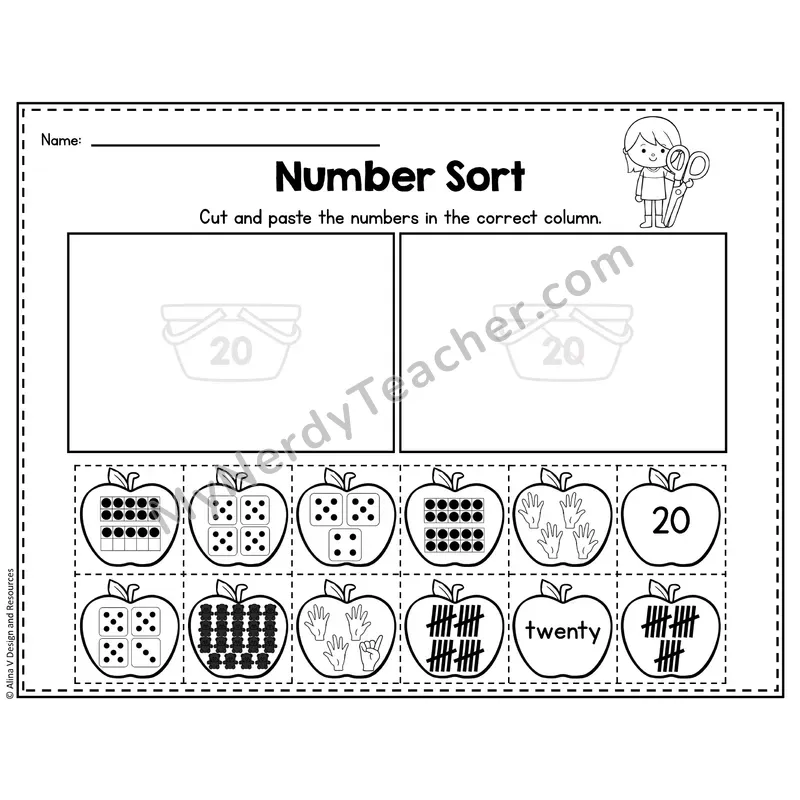 Number 20 Worksheet — Number Sort Cut and Paste