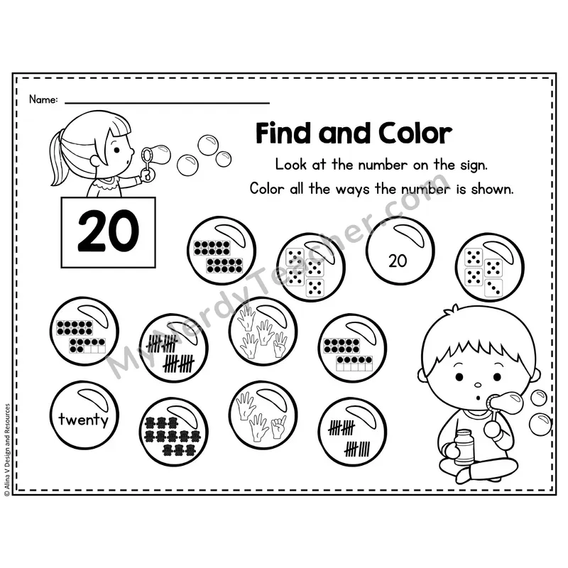 Number 20 Worksheet — Find and Color the Number