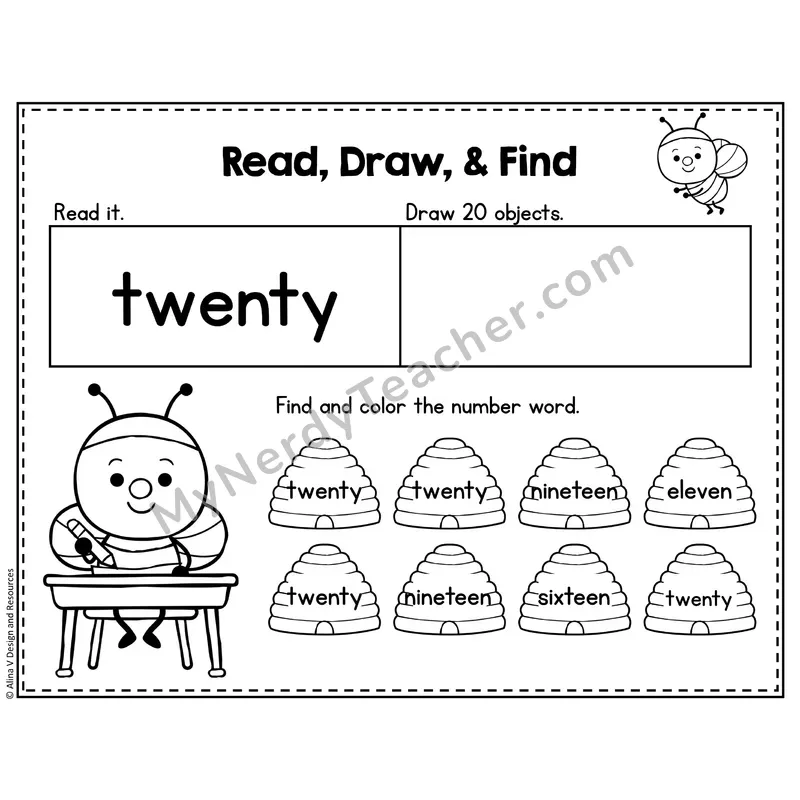 Number 20 Worksheet — Read, Draw and Find
