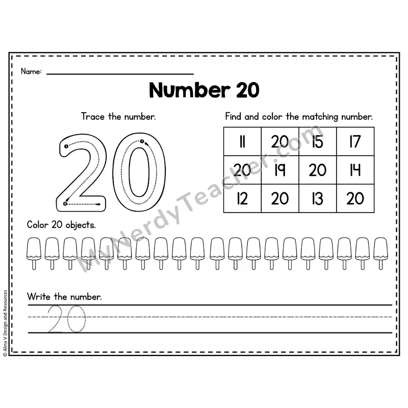 Number 20 Worksheet — Trace, Find and Write