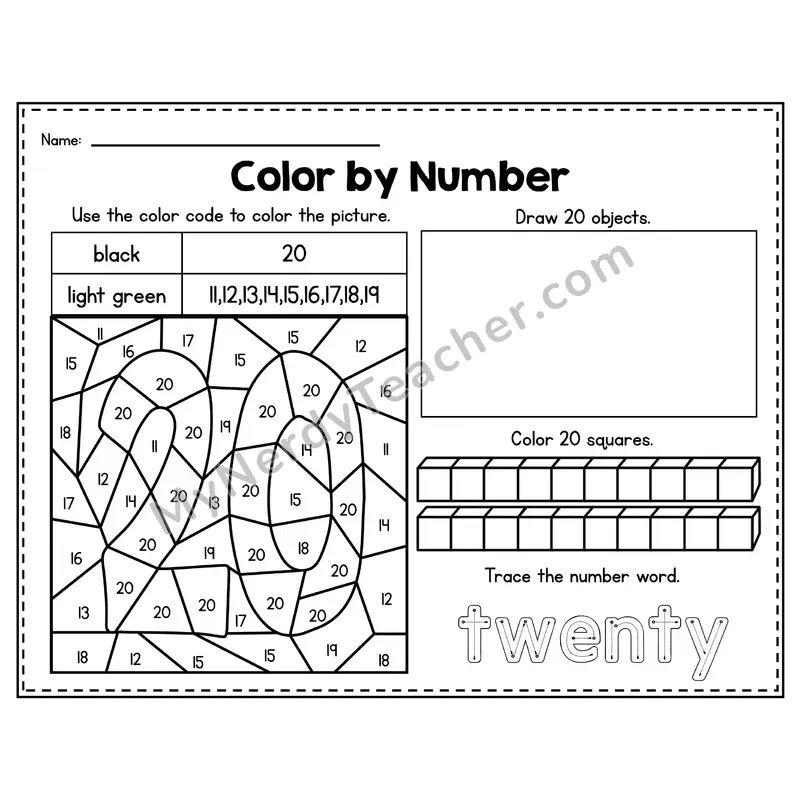 Number 20 Worksheet — Color by Number