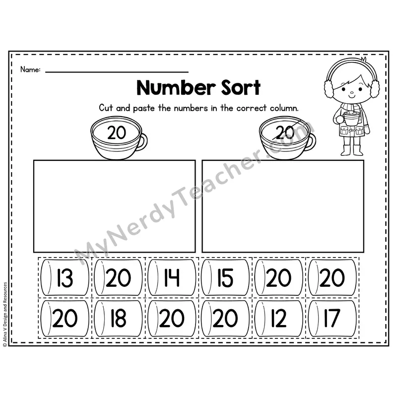 Number 20 Worksheet — Number Sort Cut and Paste