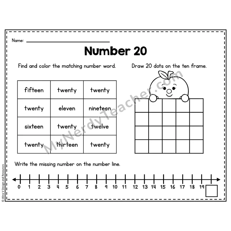 Number 20 Worksheet — Ten Frames and Number Words