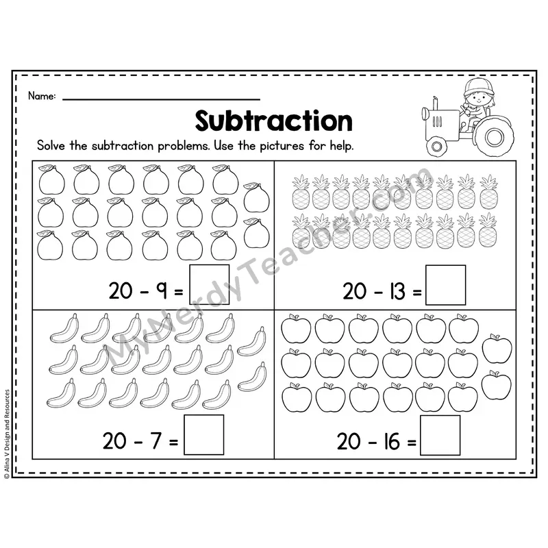 Number 20 Worksheet — Subtraction Within 20