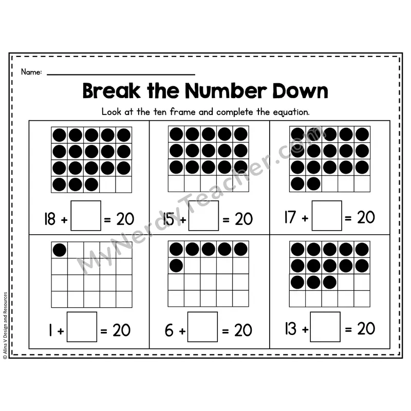Number 20 Worksheet — Break the Number Down with Ten Frames