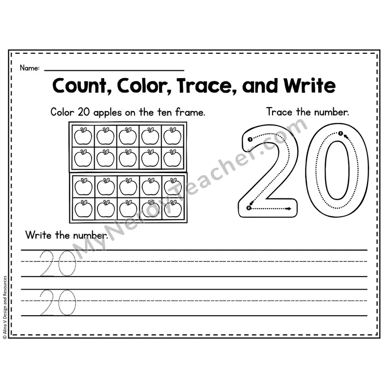 Number 20 Worksheet — Count, Color, Trace and Write
