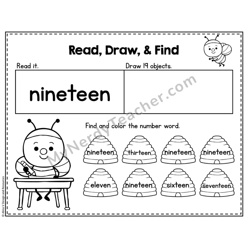 Number 19 Worksheet — Read, Draw and Find