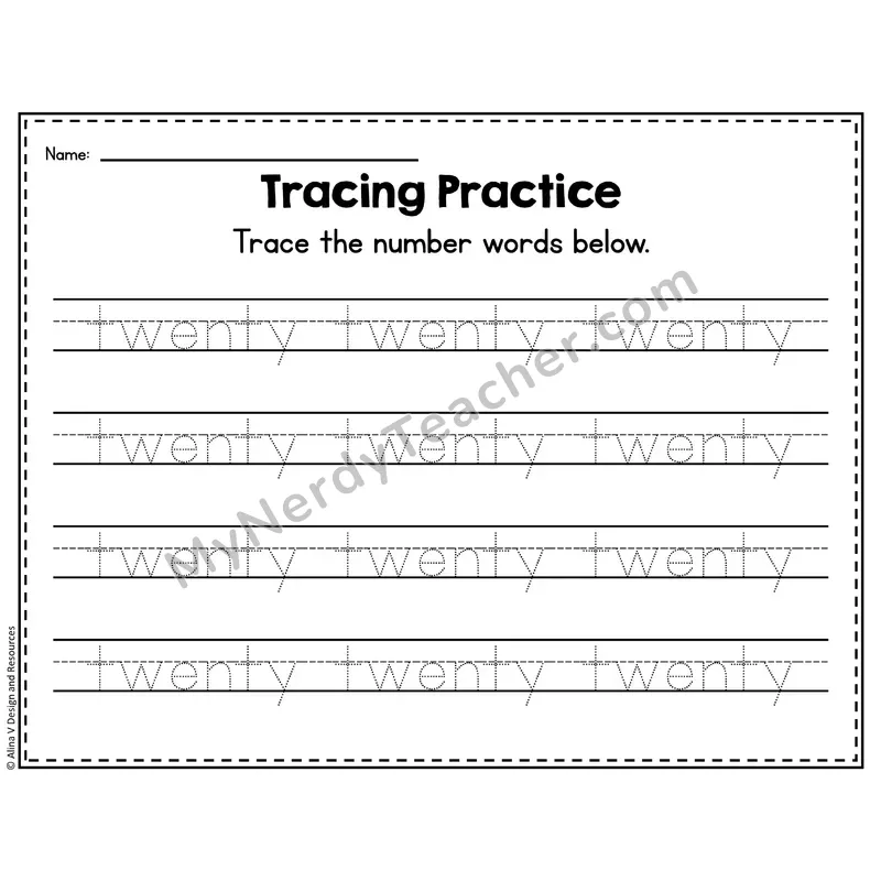 Number 20 Worksheet — Number Tracing Practice