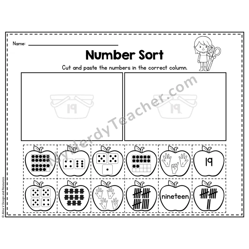 Number 19 Worksheet — Number Sort Cut and Paste
