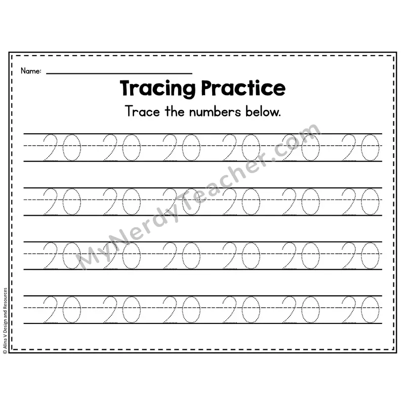 Number 20 Worksheet — Number Tracing Practice
