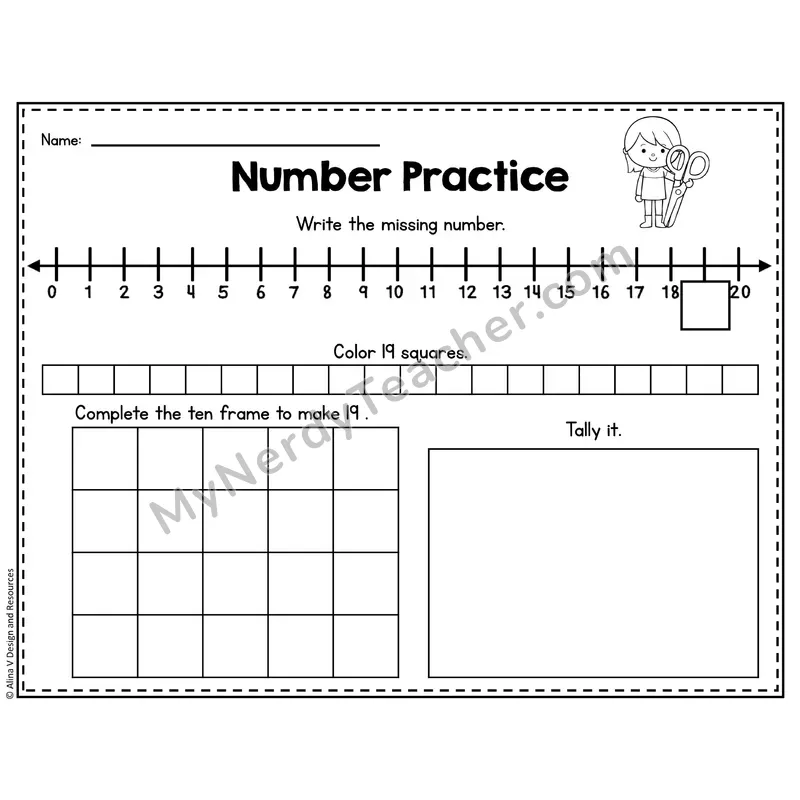Number 19 Worksheet — Number Practice with Ten Frames