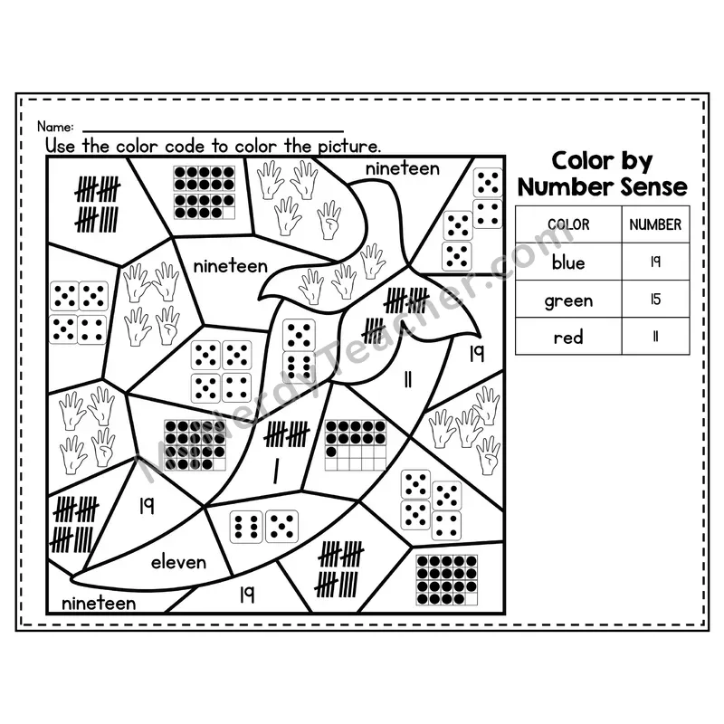 Number 19 Worksheet — Color by Number Sense