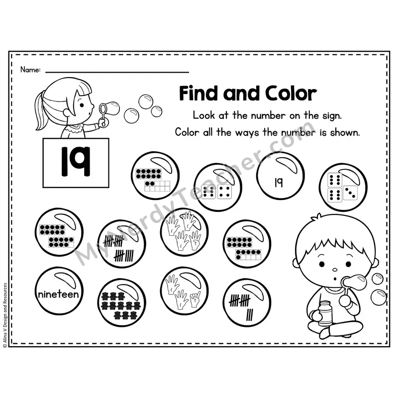 Number 19 Worksheet — Find and Color the Number