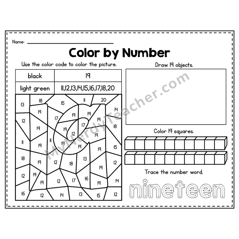 Number 19 Worksheet — Color by Number