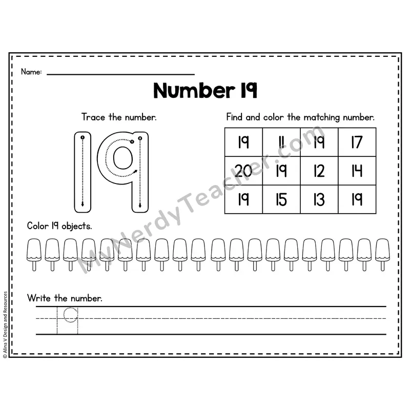 Number 19 Worksheet — Trace, Find and Write