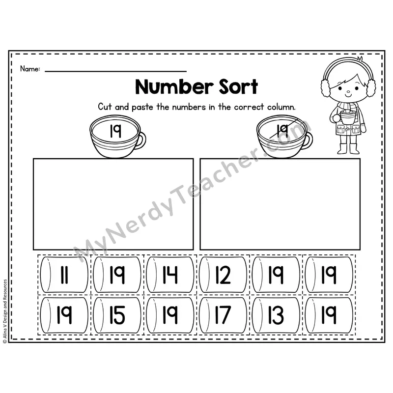 Number 19 Worksheet — Number Sort Cut and Paste