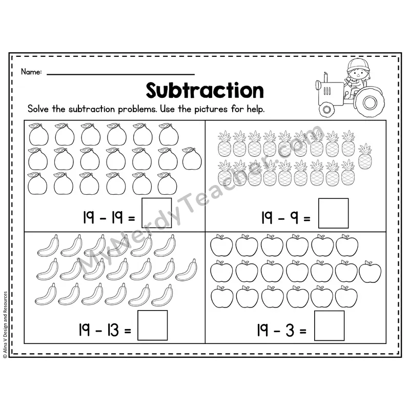 Number 19 Worksheet — Subtraction Within 20