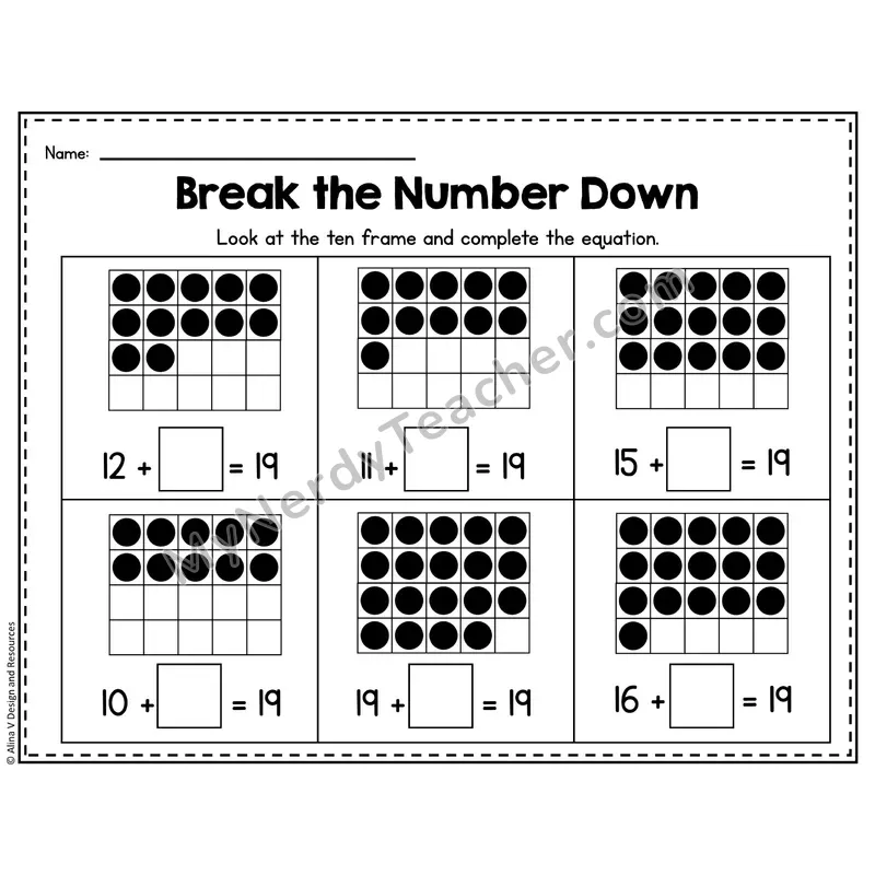 Number 19 Worksheet — Break the Number Down with Ten Frames