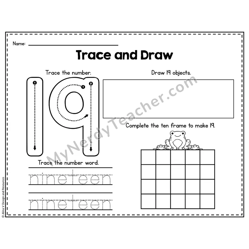 Number 19 Worksheet — Trace and Draw