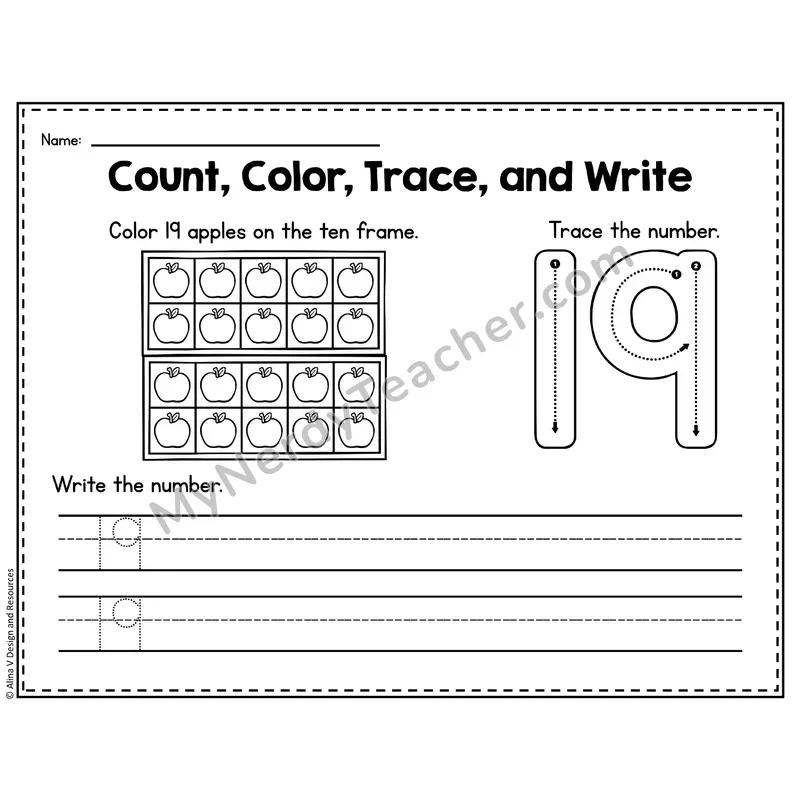 Number 19 Worksheet — Count, Color, Trace and Write