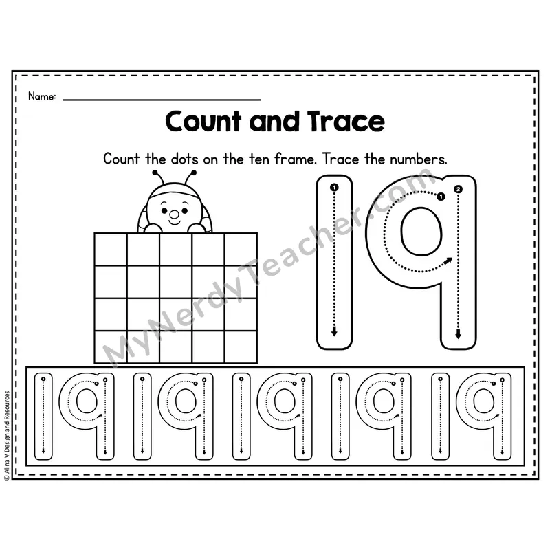 Number 19 Worksheet — Count and Trace