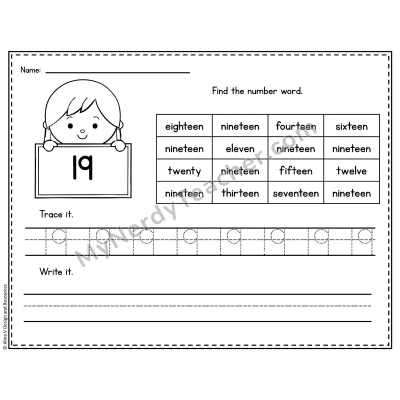 Number 19 Worksheet — Find and Trace the Number Word