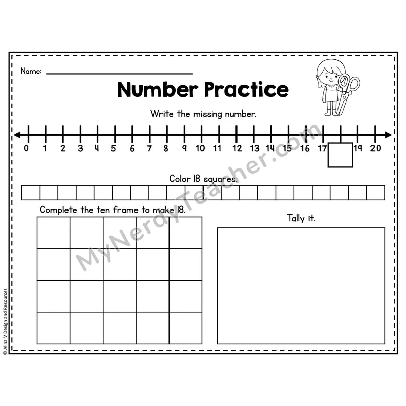 Number 18 Worksheet — Number Practice with Ten Frames
