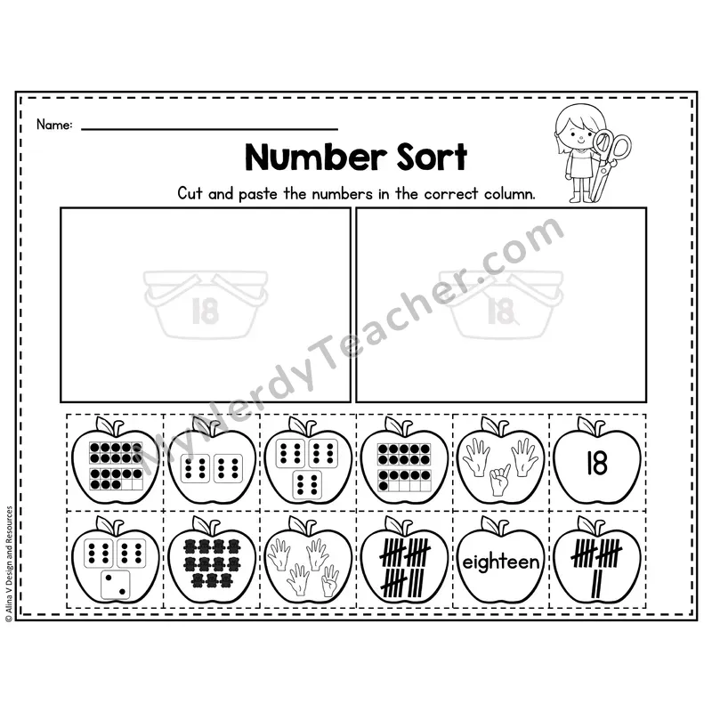 Number 18 Worksheet — Number Sort Cut and Paste