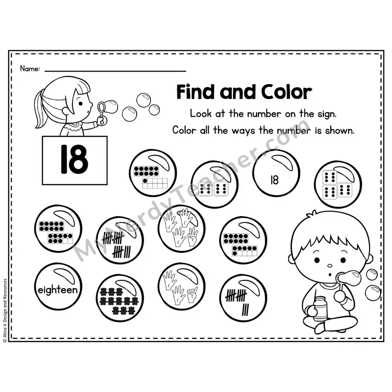 Number 18 Worksheet — Find and Color the Number