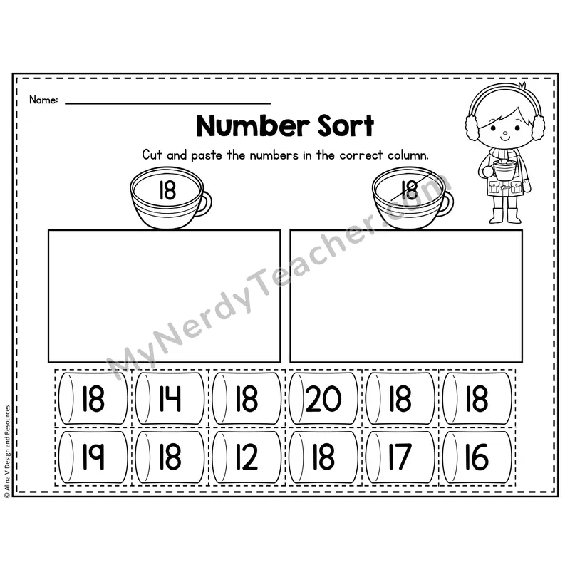 Number 18 Worksheet — Number Sort Cut and Paste