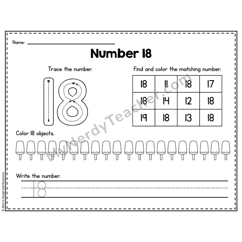 Number 18 Worksheet — Trace, Find and Write