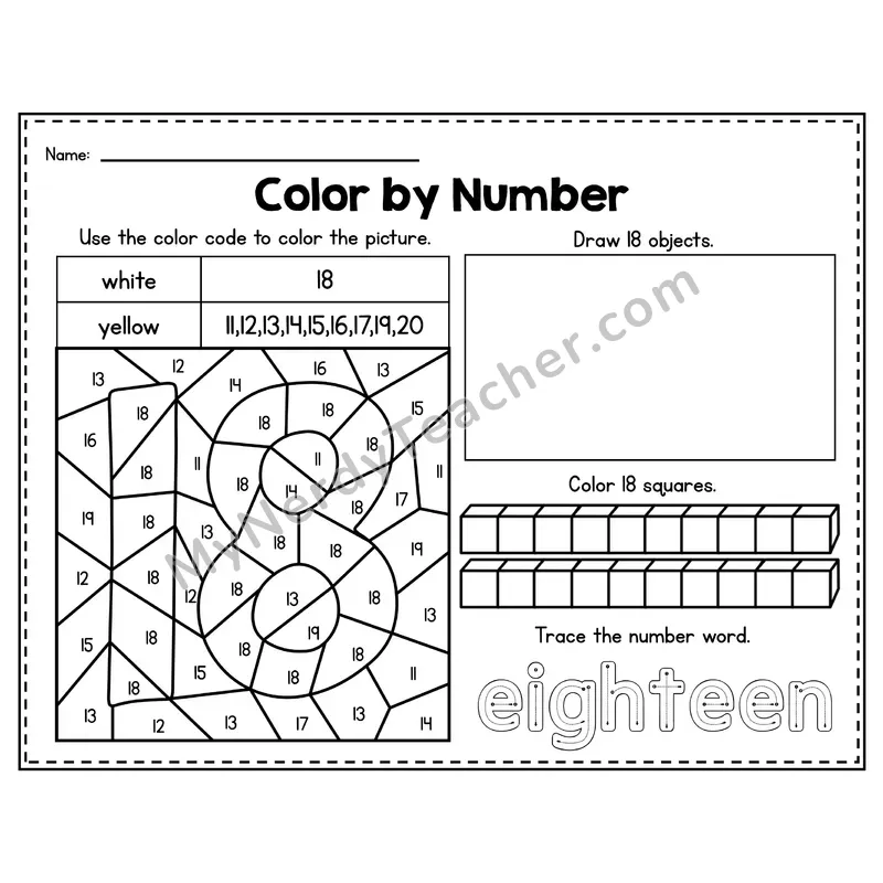 Number 18 Worksheet — Color by Number