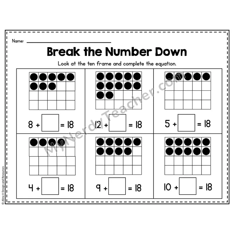 Number 18 Worksheet — Break the Number Down with Ten Frames