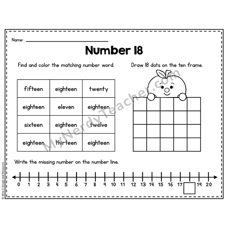 Number 18 Worksheet — Ten Frames and Number Words